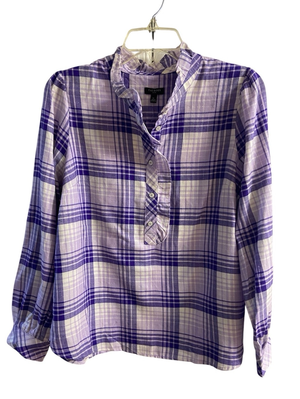 Talbots Purple Tartan Plaid Ruffled Collar Popover Blouse Top Large NWT